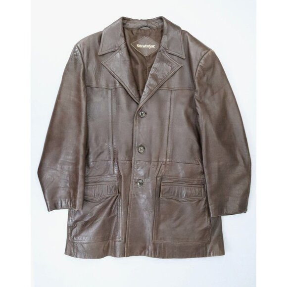 Vintage Stratojac Leather Jacket Mens 44 Brown 70s 80s Lined Button Up Casual - Picture 1 of 12